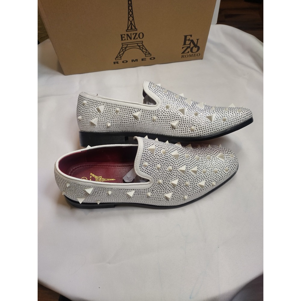 Enzo Romeo Sparko 24 Mens White Spiked Rhinestone Loafers Dress Shoes Size 9